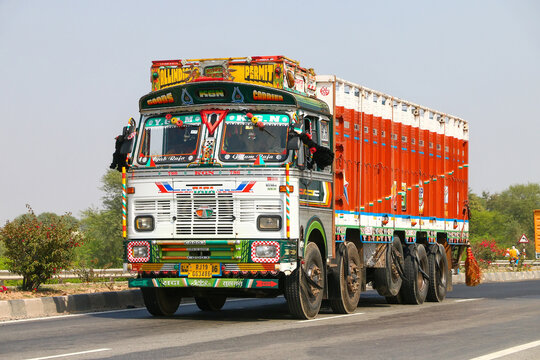 A decorated Indian goods truck on a national highway